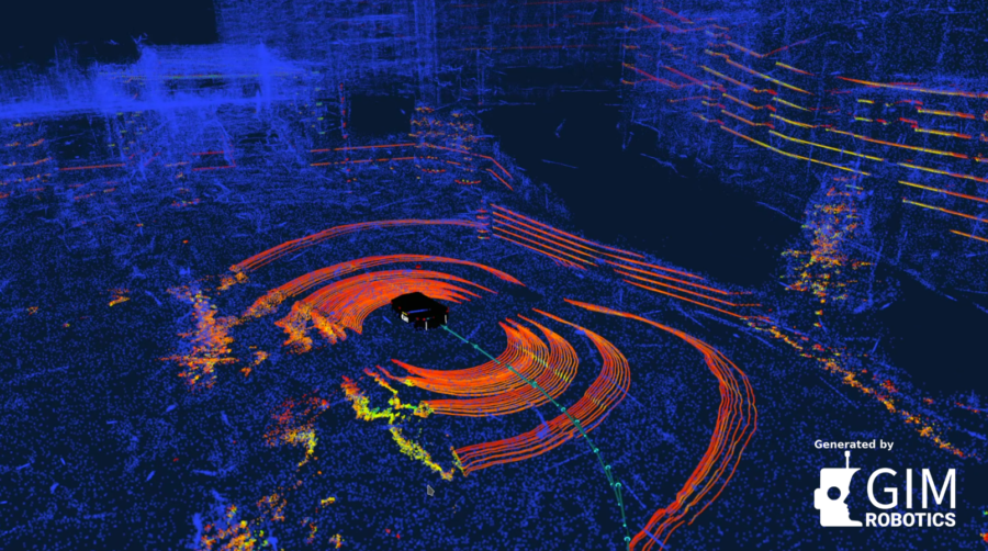 Point cloud maps footage where the robot moves between buildings